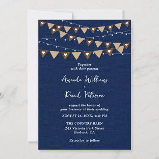 Navy Blue Burlap Bunting String Lights Wedding Invitation