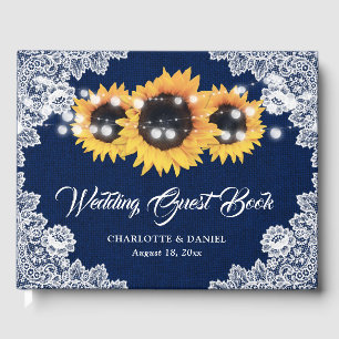 Navy Blue Burlap Floral Lace Sunflower Wedding Guest Book