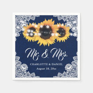 Navy Blue Burlap Floral Lace Sunflower Wedding Napkins