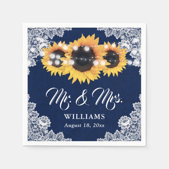 Navy Blue Burlap Floral Lace Sunflower Wedding Napkins (Front)