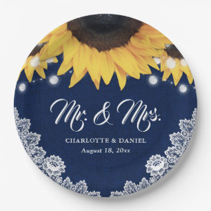 Navy Blue Burlap Floral Lace Sunflower Wedding Paper Plates