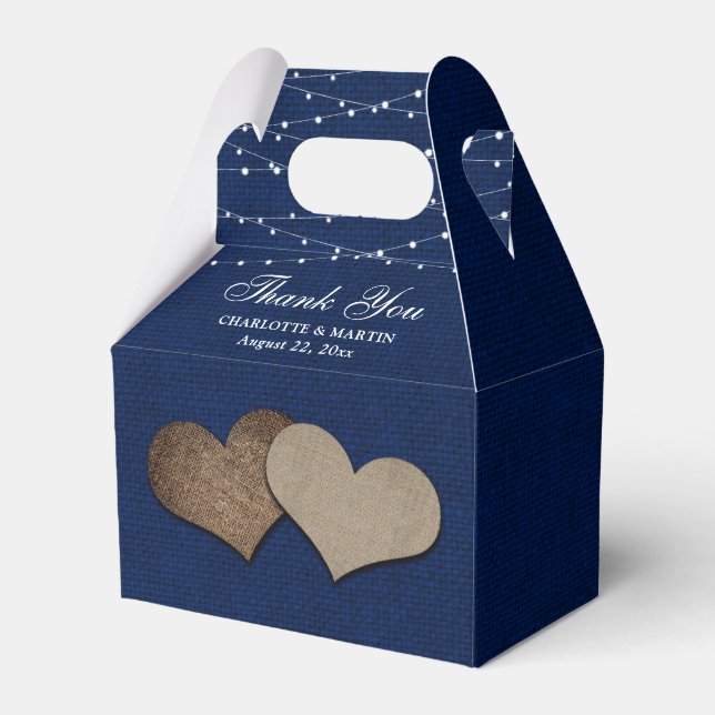 Navy Blue Burlap Heart Wedding Thank You Favor Boxes (Front Side)
