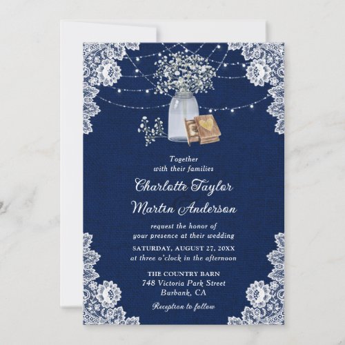 Navy Blue Burlap Lace Lights Babys Breath Wedding Invitation