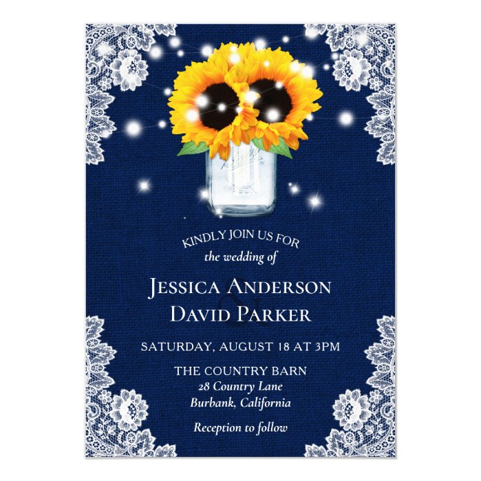 Navy Blue Burlap Lace Mason Jar Sunflower Wedding Invitation