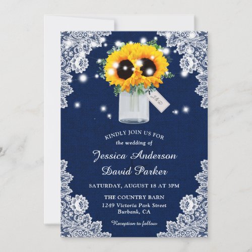 Navy Blue Burlap Lace Mason Jar Sunflower Wedding Invitation