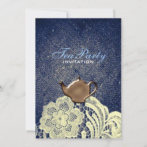 navy blue burlap lace rustic bridal tea party invitation