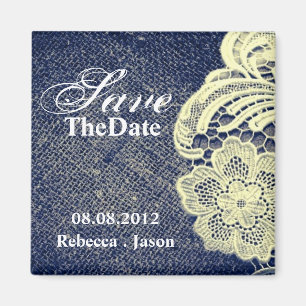 navy blue burlap lace rustic wedding save the date magnet