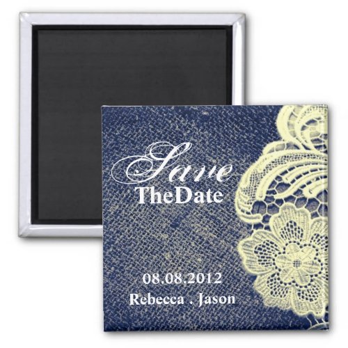 navy blue burlap lace rustic wedding save the date magnet