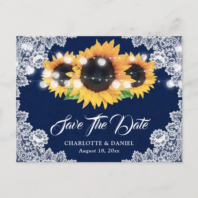 Navy Blue Burlap Lace Sunflower Save The Date Announcement Postcard (Front)
