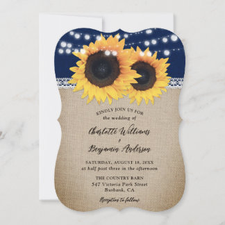 Navy Blue Burlap Lights Sunflower Country Wedding Invitation