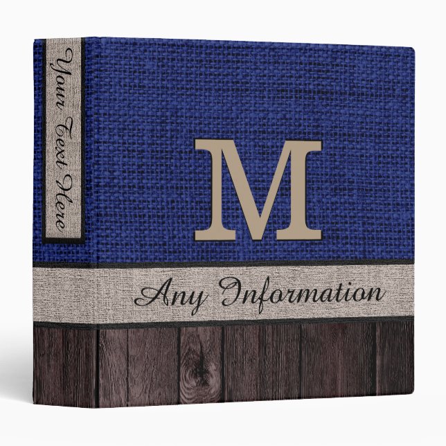 Navy Blue Burlap Rustic Jute Look Wood Binder (Front/Spine)