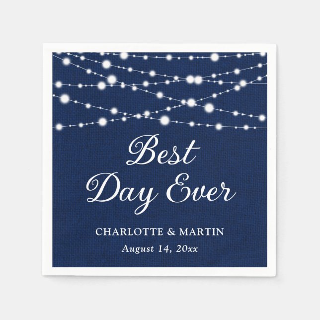 Navy Blue Burlap String Lights Rustic Wedding Napkins (Front)