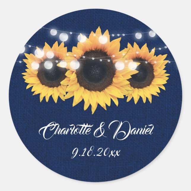 Navy Blue Burlap String Lights Sunflower Wedding Classic Round Sticker (Front)