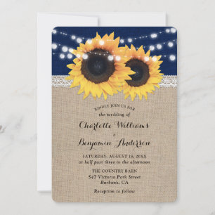 Navy Blue Burlap String Lights Sunflower Wedding Invitation