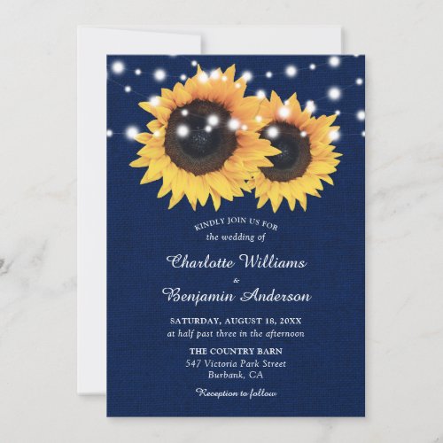 Navy Blue Burlap String Lights Sunflower Wedding Invitation