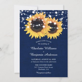 Navy Blue Burlap String Lights Sunflower Wedding Invitation