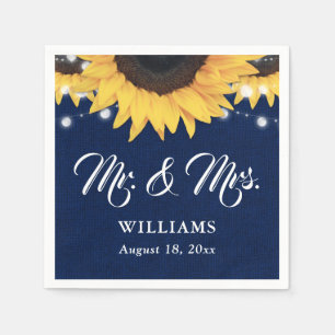 Navy Blue Burlap String Lights Sunflower Wedding Napkins