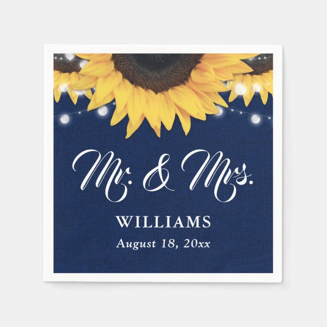 Navy Blue Burlap String Lights Sunflower Wedding Napkins (Front)