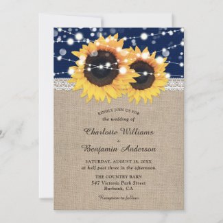 Navy Blue Burlap Sunflower Wedding Invitation