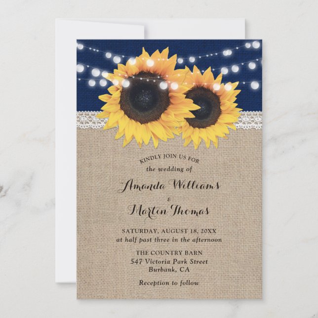 Navy Blue Burlap Sunflower Wedding Invitations (Front)