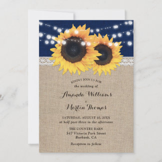 Navy Blue Burlap Sunflower Wedding Invitations