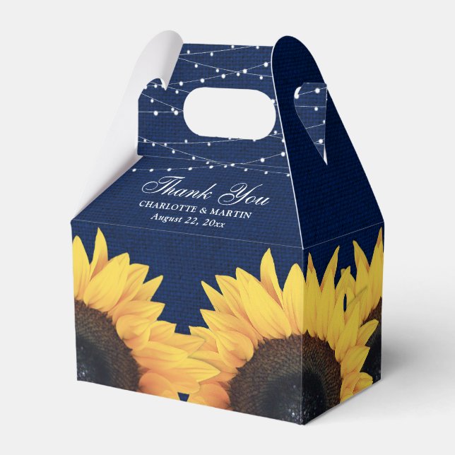 Navy Blue Burlap Sunflower Wedding Thank You Favor Boxes (Front Side)