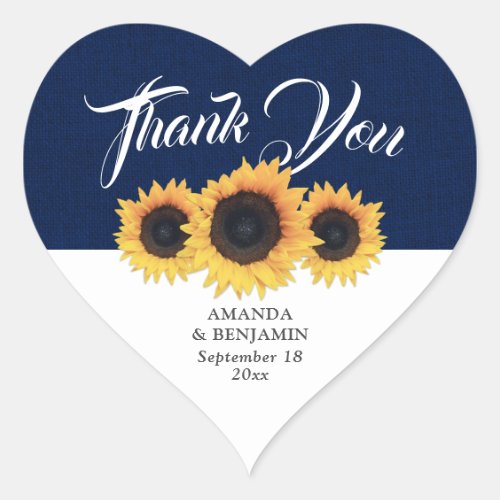 Navy Blue Burlap Sunflower Wedding Thank You Heart Sticker