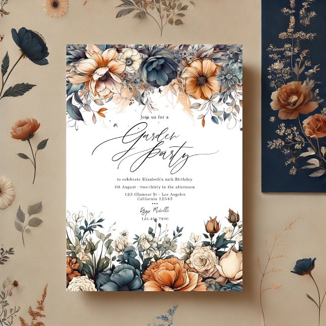 Navy Blue, Burnt Orange and Champagne Garden Party Invitation (Navy Blue, Burnt Orange and Champagne Garden Party Invitation)