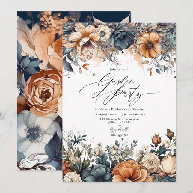 Navy Blue, Burnt Orange and Champagne Garden Party Invitation (Front/Back)