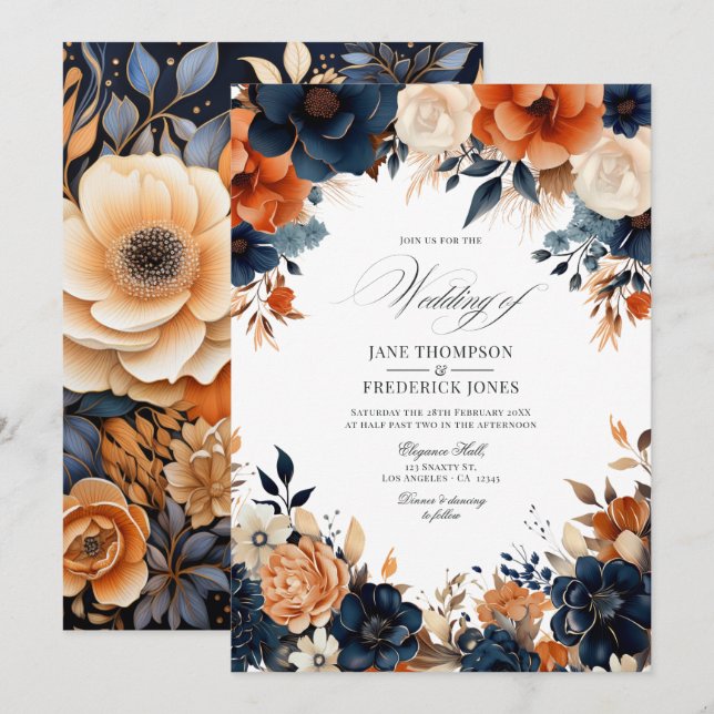 Navy Blue, Burnt Orange, and Champagne Wedding Invitation (Front/Back)