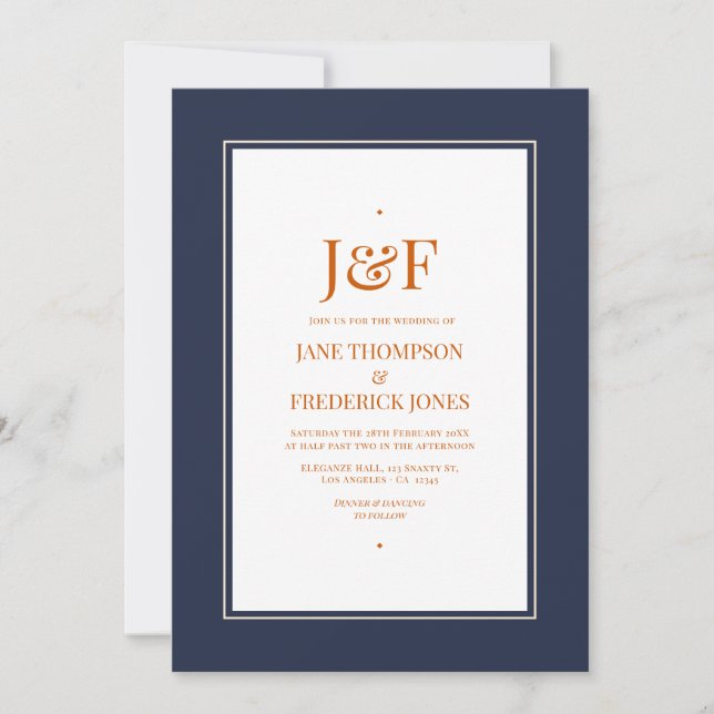 Navy Blue, Burnt Orange and Champagne  Wedding Invitation (Front)