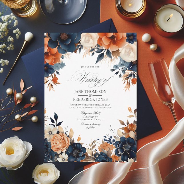 Navy Blue, Burnt Orange, and Champagne Wedding Invitation (Navy Blue, Burnt Orange, and Champagne Wedding Invitation)