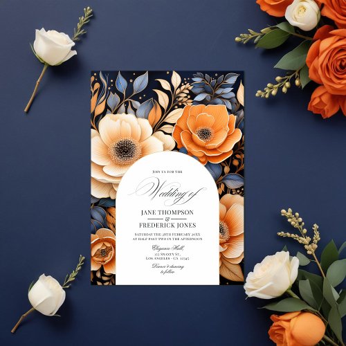Navy Blue Burnt Orange and Champagne Wedding Invitation