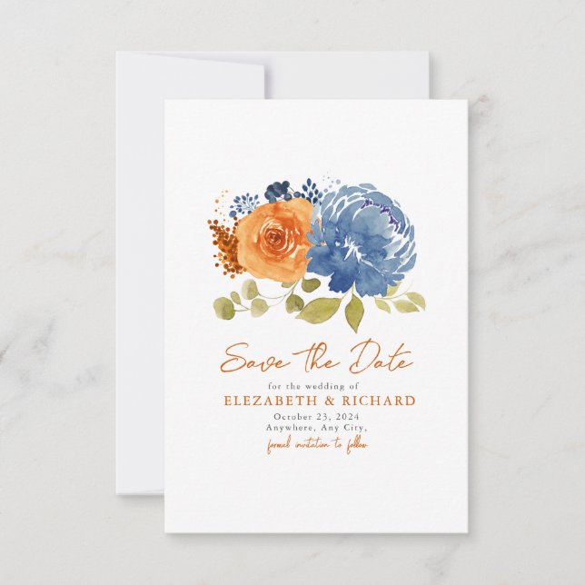 Navy Blue  Burnt Orange Bouquet Fall Floral  Save The Date (Front)