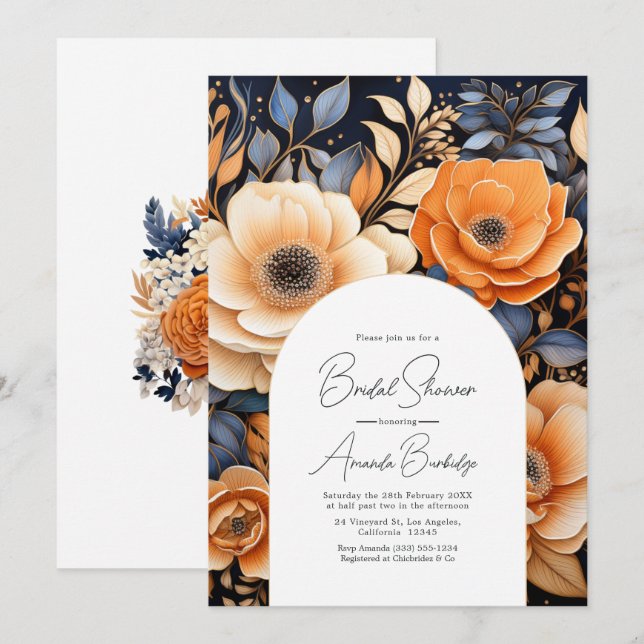 Navy Blue, Burnt Orange & Champagne Bridal Shower Invitation (Front/Back)