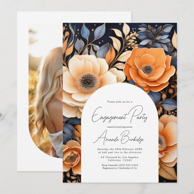 Navy Blue, Burnt Orange, Champagne Engaement Party Invitation (Front/Back)