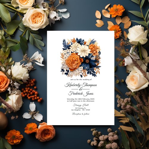 Navy Blue Burnt Orange  Champagne Floral Wedding Invitation