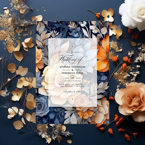 Navy Blue Burnt Orange  Champagne Floral Wedding Invitation