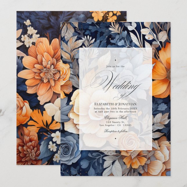 Navy Blue, Burnt Orange & Champagne Floral Wedding Invitation (Front/Back)
