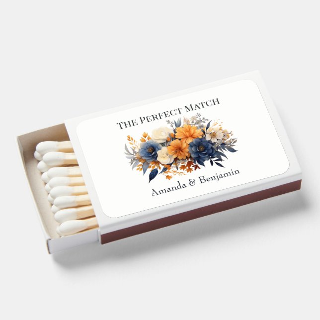 Navy Blue Burnt Orange Champagne Floral Wedding Matchboxes (Front Open)