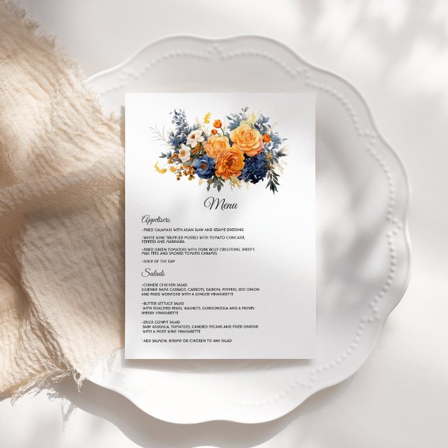 Navy Blue, Burnt Orange & Champagne Floral Wedding Menu (Navy Blue, Burnt Orange & Champagne Floral Wedding Menu)