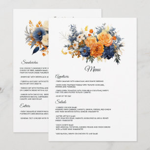 Navy Blue, Burnt Orange & Champagne Floral Wedding Menu
