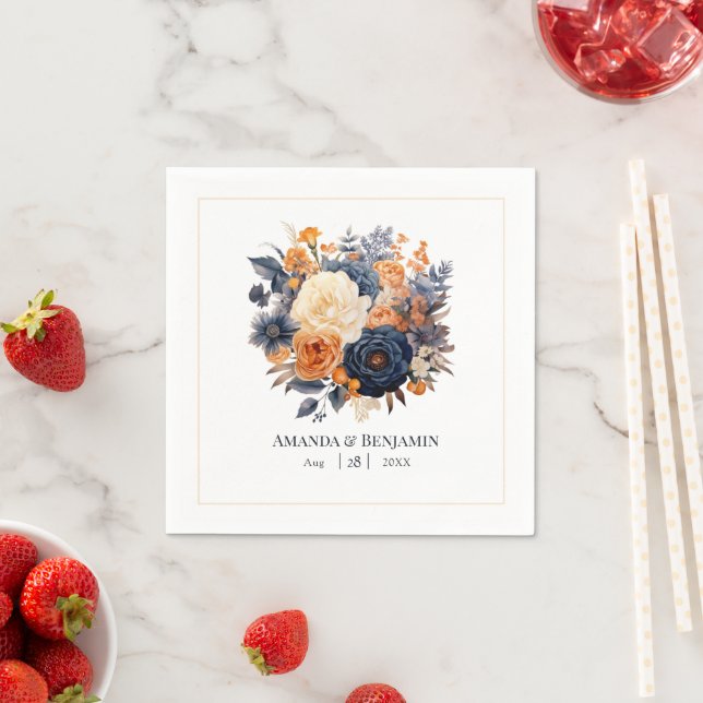 Navy Blue, Burnt Orange & Champagne Floral Wedding Napkins (Insitu)