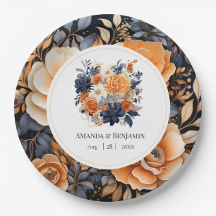 Navy Blue, Burnt Orange & Champagne Floral Wedding Paper Plates