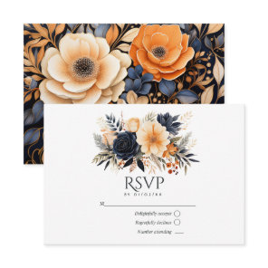 Navy Blue, Burnt Orange & Champagne Floral Wedding RSVP Card