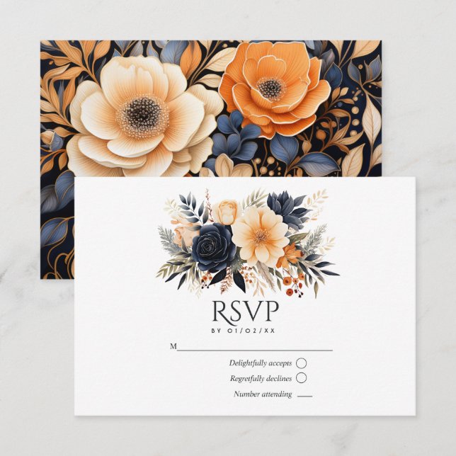 Navy Blue, Burnt Orange & Champagne Floral Wedding RSVP Card (Front/Back)