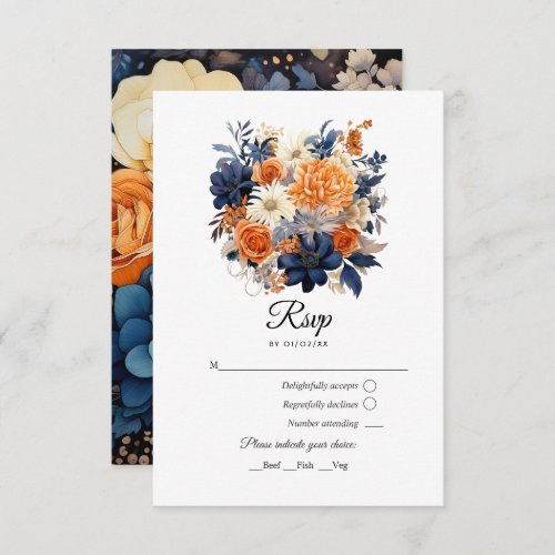 Navy Blue Burnt Orange  Champagne Floral Wedding RSVP Card