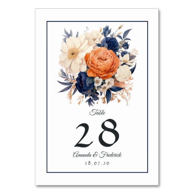 Navy Blue, Burnt Orange & Champagne Floral Wedding Table Number (Front)