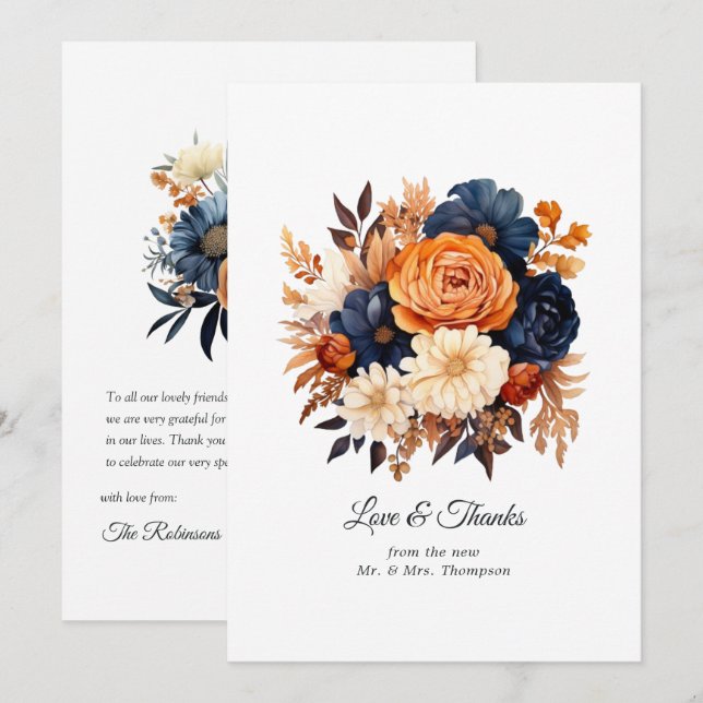 Navy Blue, Burnt Orange & Champagne Floral Wedding Thank You Card (Front/Back)