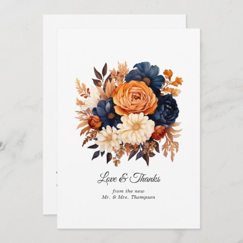 Navy Blue Burnt Orange  Champagne Floral Wedding Thank You Card